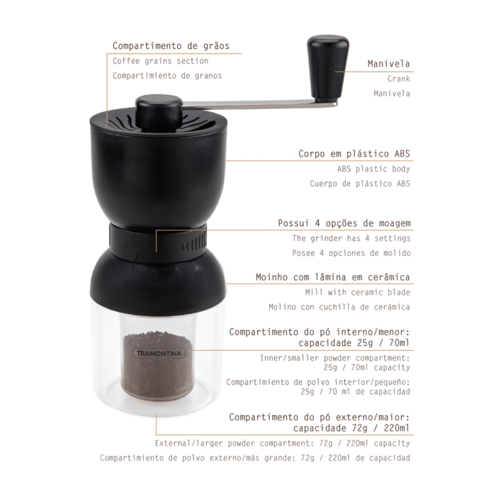 Molinillo de Café Tramontina – Molino de Cerámica y Cuerpo en Plástico ABS - Imagen 4