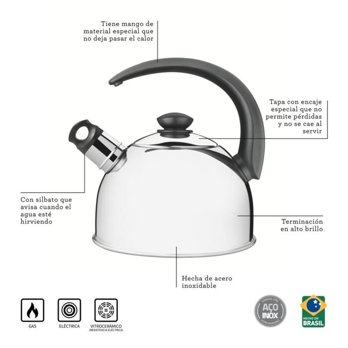 Tetera Tramontina 2.1 L con silbato – acero inoxidable y mango negro - Imagen 2