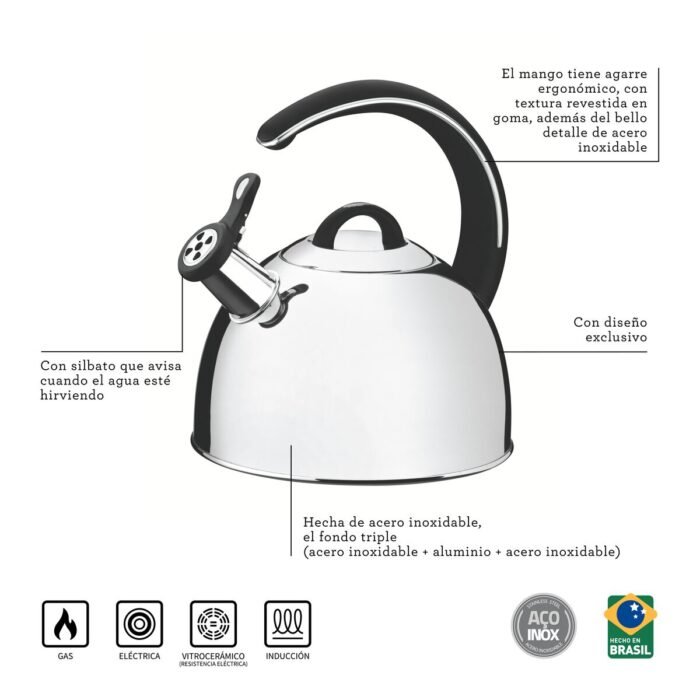 Tetera Tramontina de acero inoxidable 3.35 L con silbato – fondo triple y mango ergonómico - Imagen 2