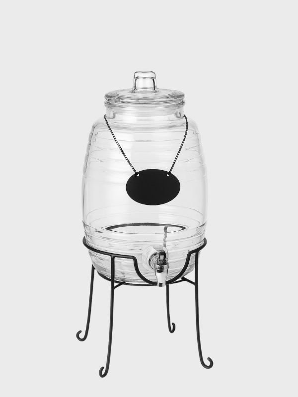 Dispensador de Vidrio Barril 10 Litros – Con Soporte Metálico y Pizarra Decorativa