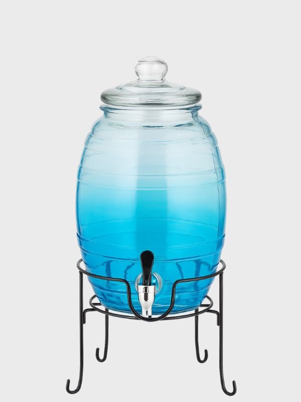 Dispensador de Vidrio 10 Litros Azul – Modelo Barril con Rack Metálico