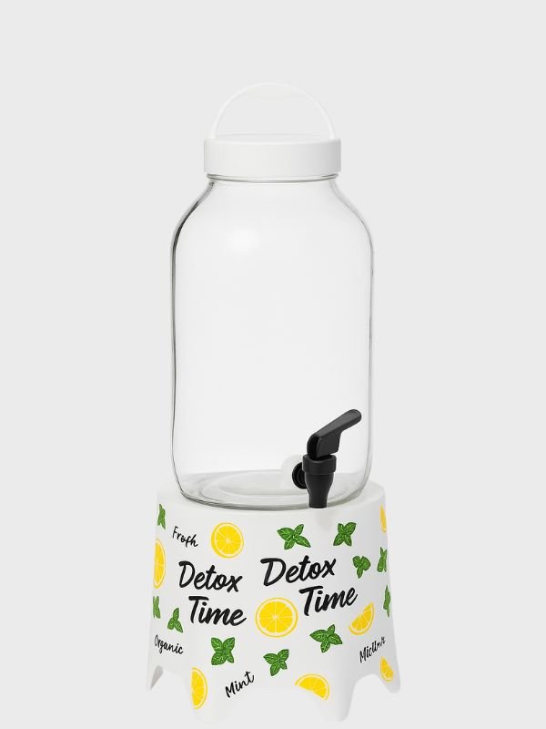 Dispensador de Agua Herevin 5 Litros – Con Base Blanca Decorada “Detox Time”