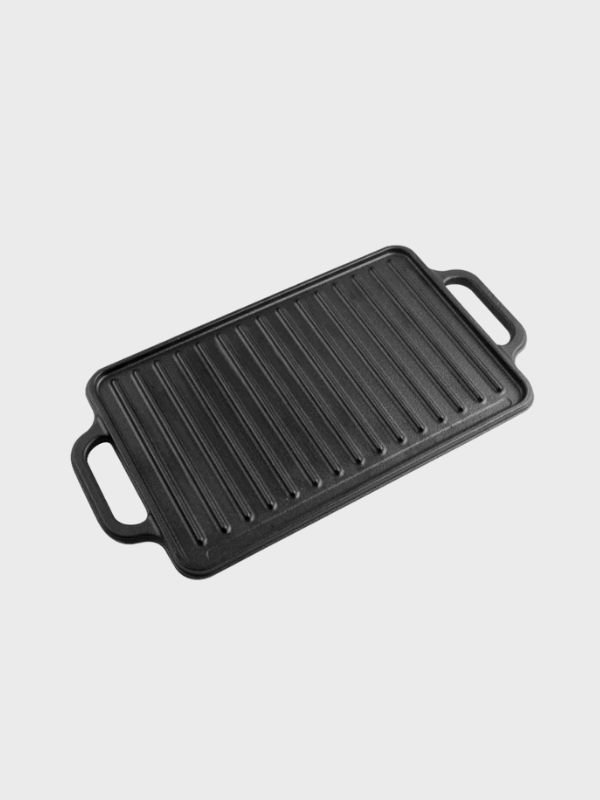 Plancha parrillera hierro fundido 33×21 cm – reversible y precurada