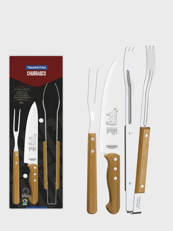Juego para asado Tramontina x3 piezas – acero inoxidable y mango de madera