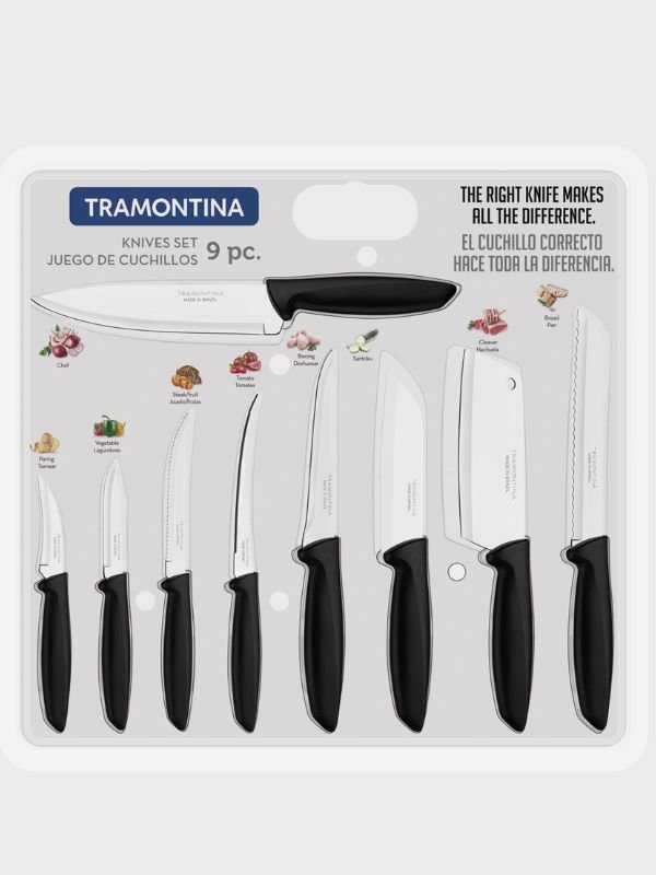 Juego de cuchillos Tramontina Plenus x9 piezas – acero inoxidable y mango negro