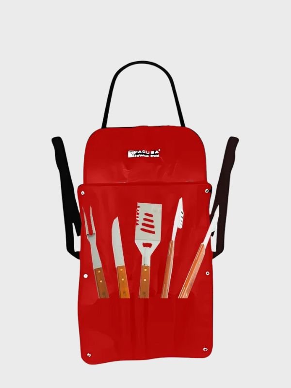 Set parrillero Facusa x4 piezas con mandil rojo – acero inoxidable y mango de madera