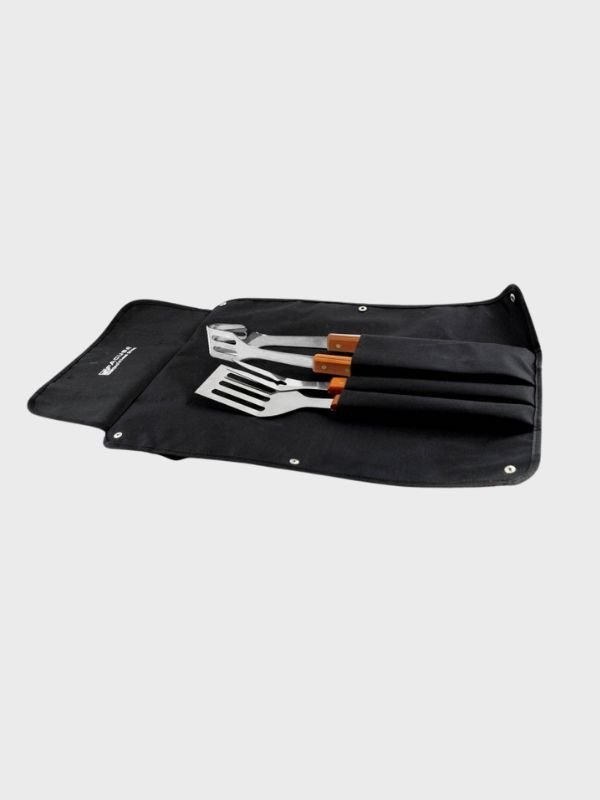 Set parrillero Facusa x3 piezas con mandil – acero inoxidable y mango de madera