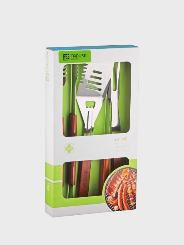 Set de utensilios para BBQ Facusa x4 piezas – acero inoxidable con mango de madera