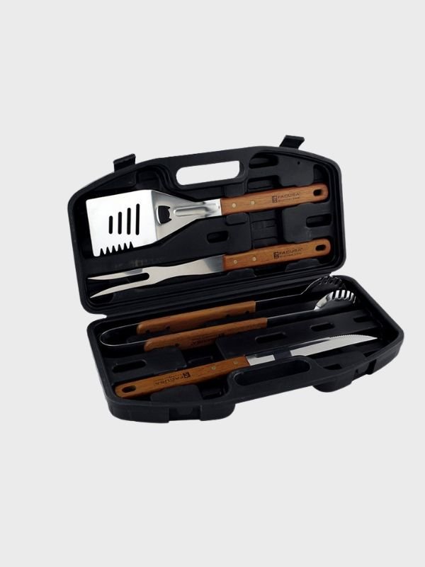 Set Parrillero BBQ x4 piezas con Maletín – Acero Inoxidable y Mango de Madera