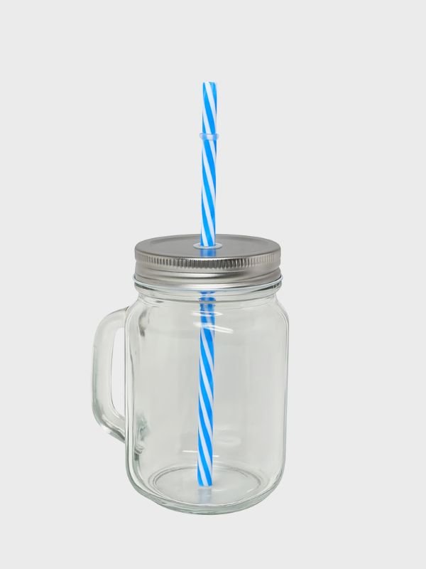 Vaso Mason Jar 450 ml – Vidrio Liso con Tapa Metálica y Cañita Reutilizable