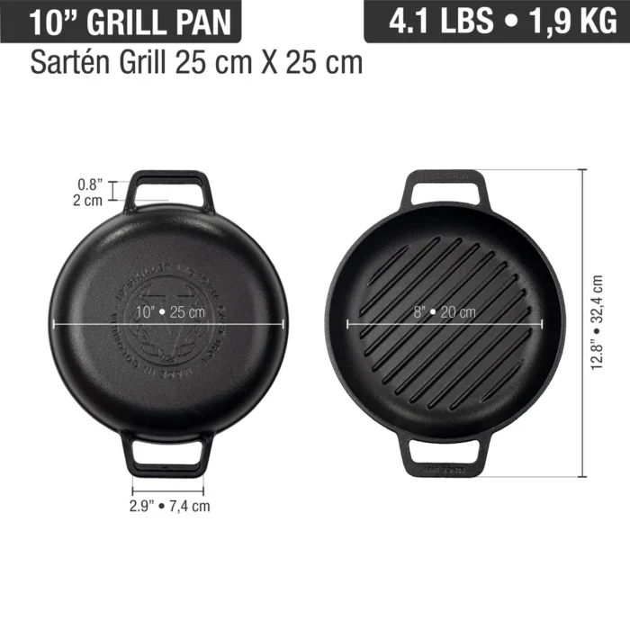 Sartén parrillero de hierro fundido 25cm con doble asa precurado – Victoria - Imagen 3