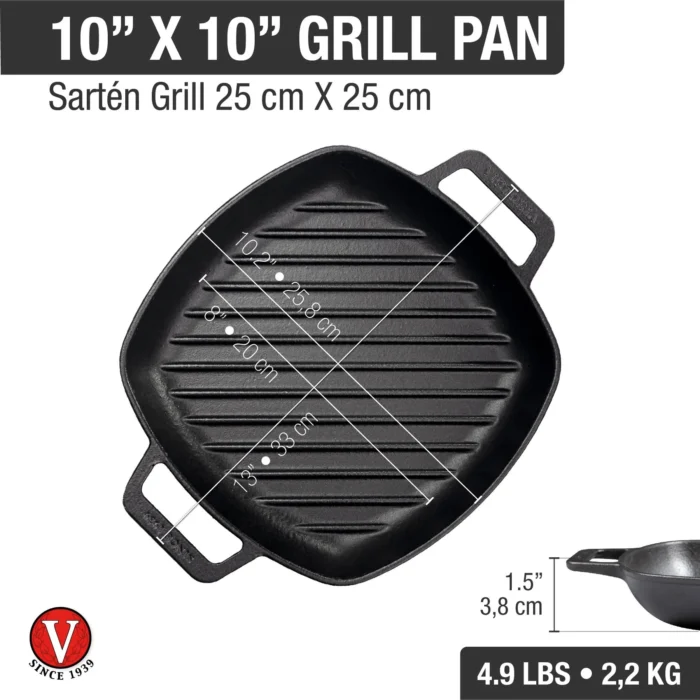 Sartén Grill de Hierro Fundido 25x25 cm – Cuadrado con Doble Asa - Imagen 3