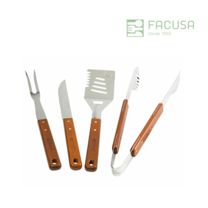 Set de utensilios para BBQ Facusa x4 piezas – acero inoxidable con mango de madera - Imagen 2