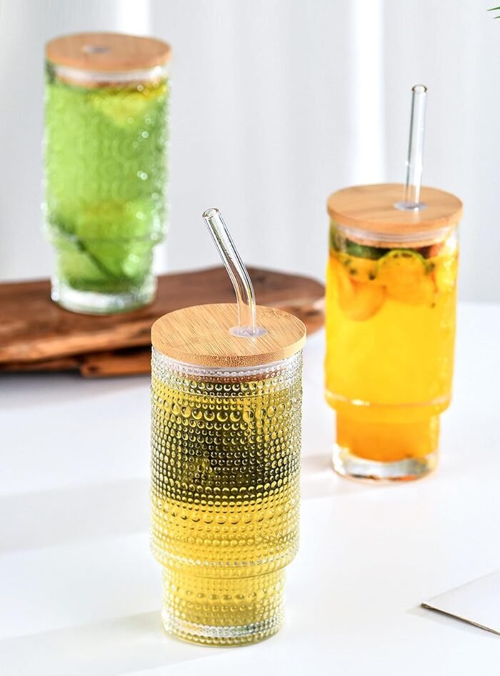 Vaso Vintage de Vidrio Borosilicato 320ml -Tapa de Bambú y Sorbete - Imagen 2