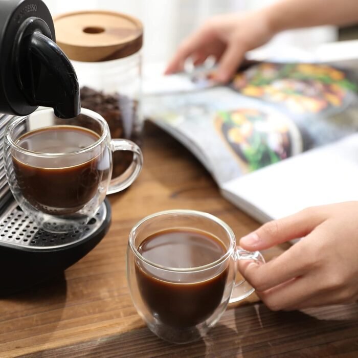 Set de 2 Tazas de Vidrio Doble Pared 100ml con Asa – Térmicas para Espresso y Capuchino - Imagen 5