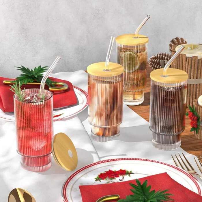 Vaso Acanalado de Vidrio Borosilicato 350ml -Tapa de Bambú y Sorbete - Imagen 3