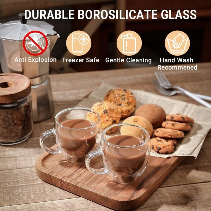 Set de 2 Tazas de Vidrio Doble Pared 100ml con Asa – Térmicas para Espresso y Capuchino - Imagen 4
