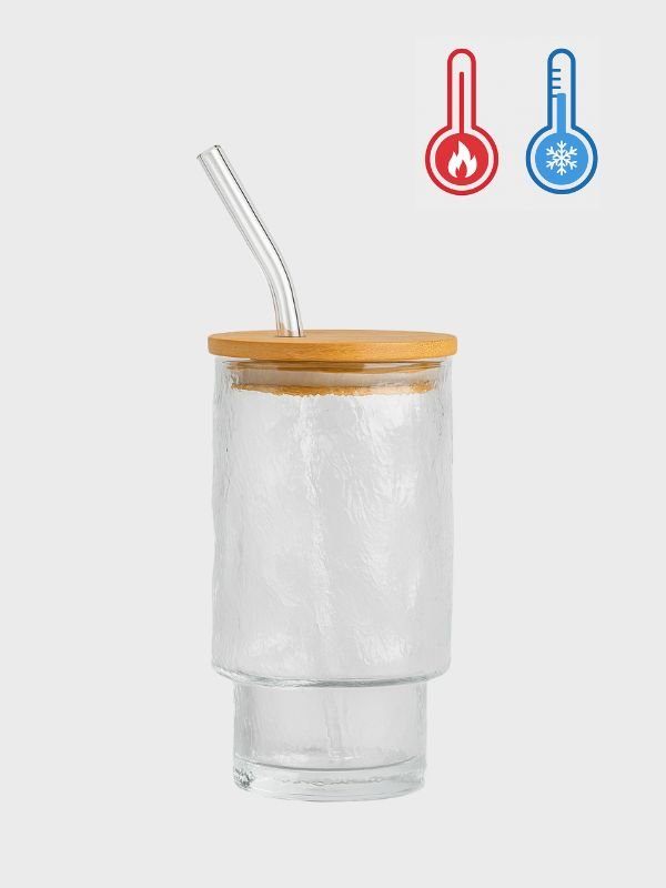Vaso de Vidrio Borosilicato 320ml - Tapa de Bambú y Sorbete Reutilizable