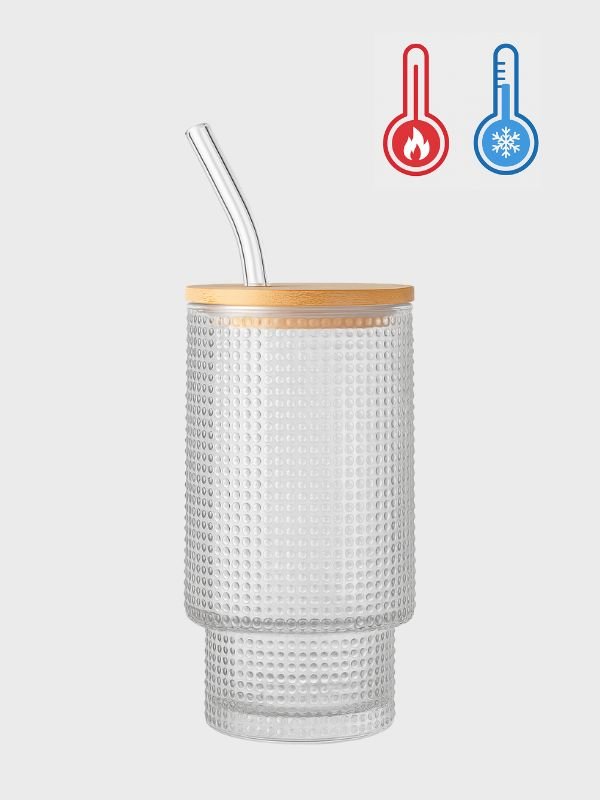 Vaso Vintage de Vidrio Borosilicato 320ml -Tapa de Bambú y Sorbete