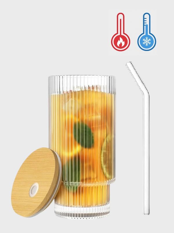 Vaso Acanalado de Vidrio Borosilicato 350ml -Tapa de Bambú y Sorbete