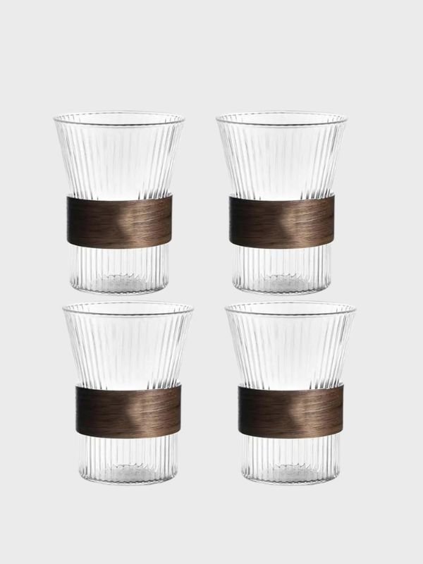 Set de 4 Tazas de Vidrio 260ml - Con Anillo de Madera Antideslizante
