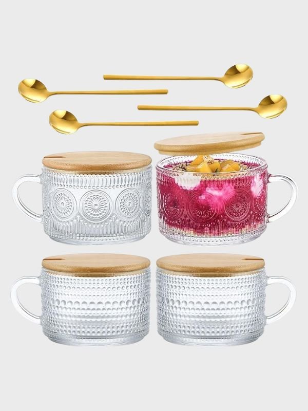 Set de 4 Tazas de Vidrio Vintage 400ml con Tapa de Bambú y Cucharas Doradas