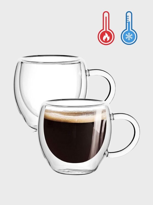 Set de 2 Tazas de Vidrio Doble Pared 100ml con Asa – Térmicas para Espresso y Capuchino
