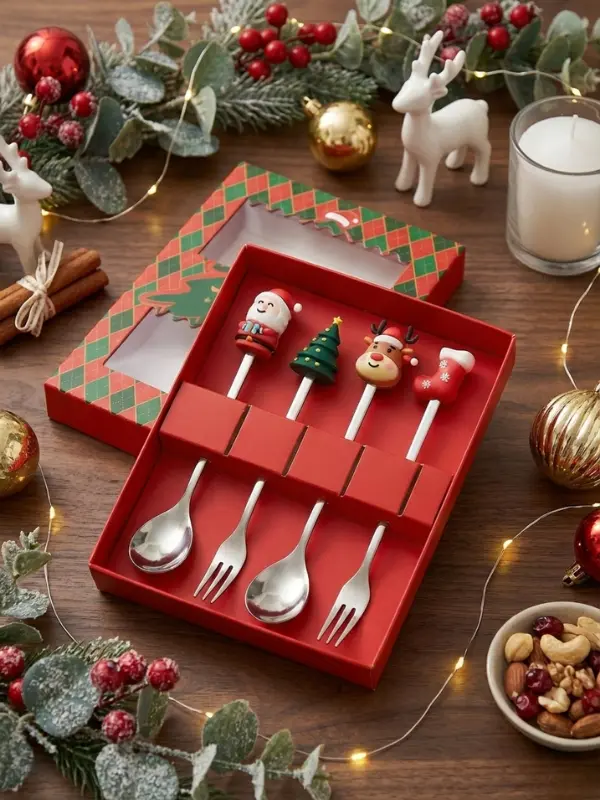 4 cubiertos navideños plateado